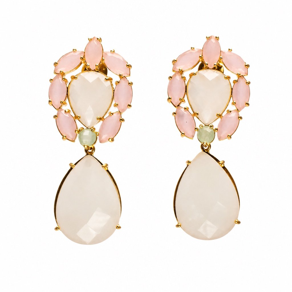 Brinco em cristais Quartzo Rosa, Branco Vela e Crisólita